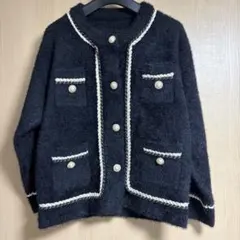 フォクシー ノーカラージャケット 麻混 サマーツイード ロゴプレート L