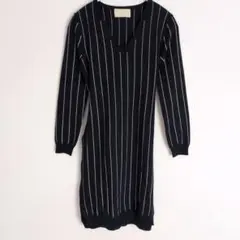 アンタイトル ウールニットワンピース Vネック ピンストライプ 紺 M