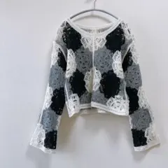 フラワーモチーフ クロッシェ編み ニットプルオーバー クロップド丈 モノトーン