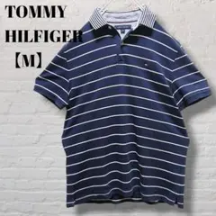 TOMMY HILFIGER ポロシャツ M 紺 ボーダー ロゴ 刺繍 半袖
