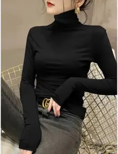 【新品】黒 ハイネック 長袖 トップス カットソー ロンT XL ブラック