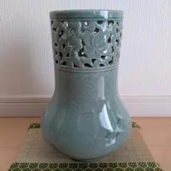 アンティーク青緑色 陶器 花瓶 ひび割れ風仕上げ - メルカリ