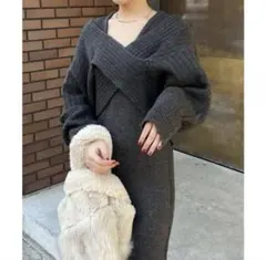 ボンジュールサガンセーター付きディープVネックニットワンピース⭐︎チャコールグレー