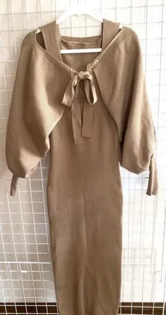 【美品】レイヤード ロングワンピース ボレロカーディガン ベージュ 2点セット