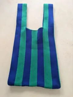 ニットトートバッグ ストライプ柄 ブルー×グリーン