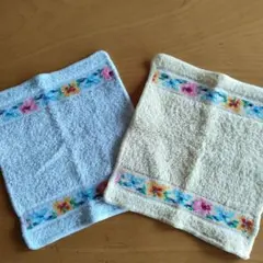 花柄刺繍 タオルハンカチ 2枚セット 水色 クリームイエロー色