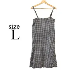 キャミソールワンピース ギンガムチェック 黒白 ひざ丈【L】