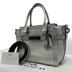 【美品】コーチ ショルダーバッグ ハンド スワッガー 2way レザー シルバー