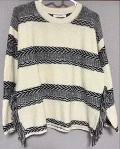 ライトオン ブラック ホワイト ストライプ ボーダー フリンジ セーター