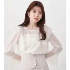 【プロポーションボディドレッシング】チュールレースブラウス ラッフル 長袖フレア