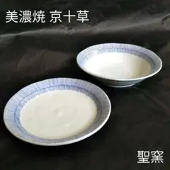 美濃焼 京十草 聖窯 青ライン入り 浅皿 平皿 ２客組 高級食器のサムネイル