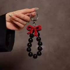ぷっくりリボン大粒ブラックパール バッグチャーム キーホルダー新品即納