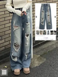 ダメージカットルーズデニムパンツ