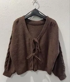 【11月13日迄限定】ブラウン系 Vネック リボン ニット カーディガン 厚手L