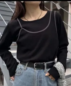 チャオパニック　リブアシメキャミレイヤードトップス　ブラック