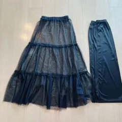 【美品】黒チュールマキシスカート ３段フリル ドット柄