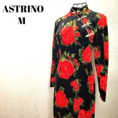 チャイナワンピース 花柄 ロング スリット バラ ブラック チャイナボタン 長袖