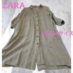 ZARA オリーブグリーン シャツワンピース リネン USA M ロング丈