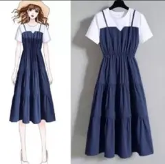 【週末セール中】重ね着風ロングワンピ フリーサイズ ネイビー 春夏 半袖 大人