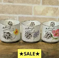 リメ缶　3個セット　漆喰風　レンガ造形　英字ステンシル　小花デコパージュ
