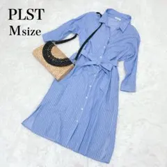 PLST コットン　リネン　青　ストライプ シャツワンピース M