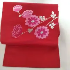 名古屋帯 赤 花柄刺繍 ９寸
