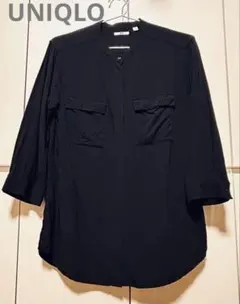 【UNIQLO】バンドカラー　レーヨン　七分袖ブラウス　ブラック L
