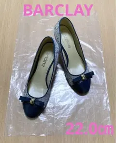 BARCLAY（バークレー）リボン付きツイード本革パンプス　ネイビー　22.0㎝