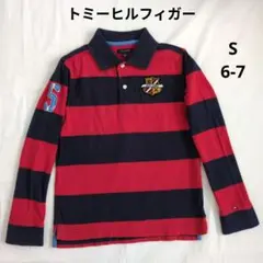 トミーヒルフィガー ラガーシャツ 長袖 ポロシャツ S (6-7) 赤 ネイビー