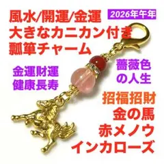 風水 開運 金運 瓢箪 チャーム 金の馬 ＋ 赤メノウ ＋ インカローズ