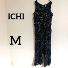 美品✨ ICHI 【M】 ホワイト柄 ノースリーブ オールインワン ブラックのサムネイル