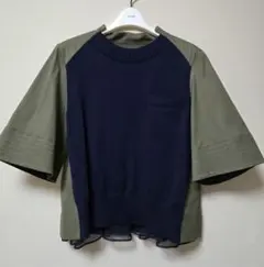 sacai サカイ　異素材　ニットセーター　プリーツ　ネイビー×カーキのサムネイル