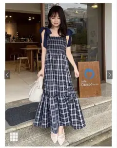 GRL リボンショルダーチェックフレアワンピース[tg771]