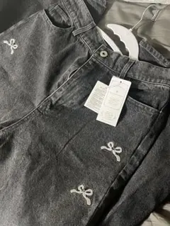 MAJESTIC LEGON グレー リボン刺繍 デニムパンツ