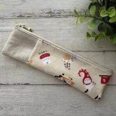 ポケット付き　スリムペンケース　ラミネート　ハンドメイド　ねこ　おでん　横柄