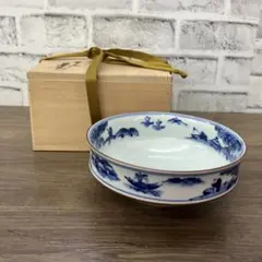 E-1 九谷焼 染付 山水文 鉢 菓子鉢 共箱 伝統工芸 青華 盛鉢 染付山水