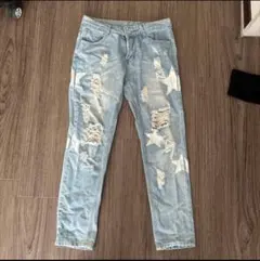 ライトブルー 星柄 ダメージデニムパンツ