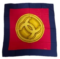 CHANELココマークシルクスカーフ大判 ロゴ86cm ネイビーレッド◆デカココ