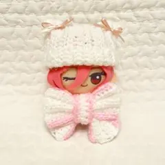 ちびぐるみ ニット帽 リボン オーダーページ 編み物 ぬい服 ぬい活 ちびぐるみ ぬい服 猫耳ニット帽 リボンセット ラメホワイト 編み物