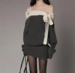 配色リボン付きオフショルロングニットトップス