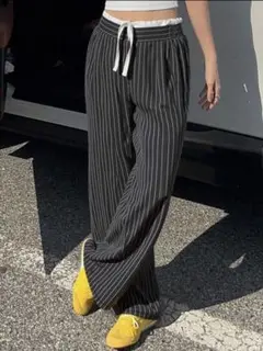 Dazy デイジー　ワイドパンツ　ストライプ　カジュアル　薄手　滑らか素材　L