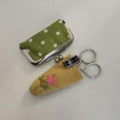 繍*迎様 緑の水玉模様がま口と刺繍ケース
