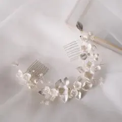 ウェディングヘッドドレス 花飾り ホワイト シルバー 前撮り