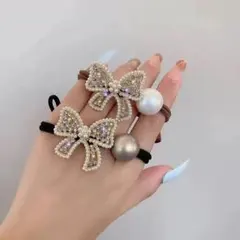 リボンパール　ラインストーン　ヘアゴム