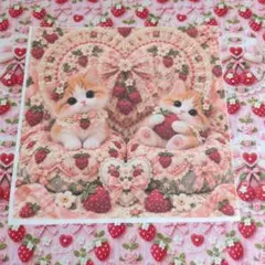 未使用　可愛い猫ちゃんパネル生地＆いちごリボン柄生地