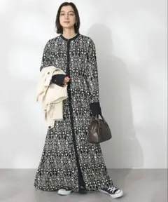 クラフトスタンダードブティック◆オリエンタル総柄バイカラーワンピース◆ブラック系