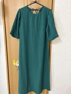 グリーンチェック 半袖ロングワンピース F