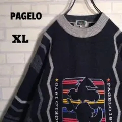 個性派古着★日本製 総柄 キャラクター刺繍 デザインニット セーター 黒 XL