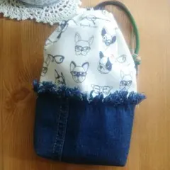フレンチブルドッグ柄 デニム リメイク 巾着袋