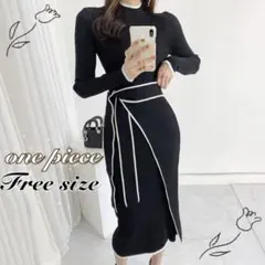 ニット 膝丈ワンピース エレガント ブラック ウエストベルト　リボン　韓国 人気